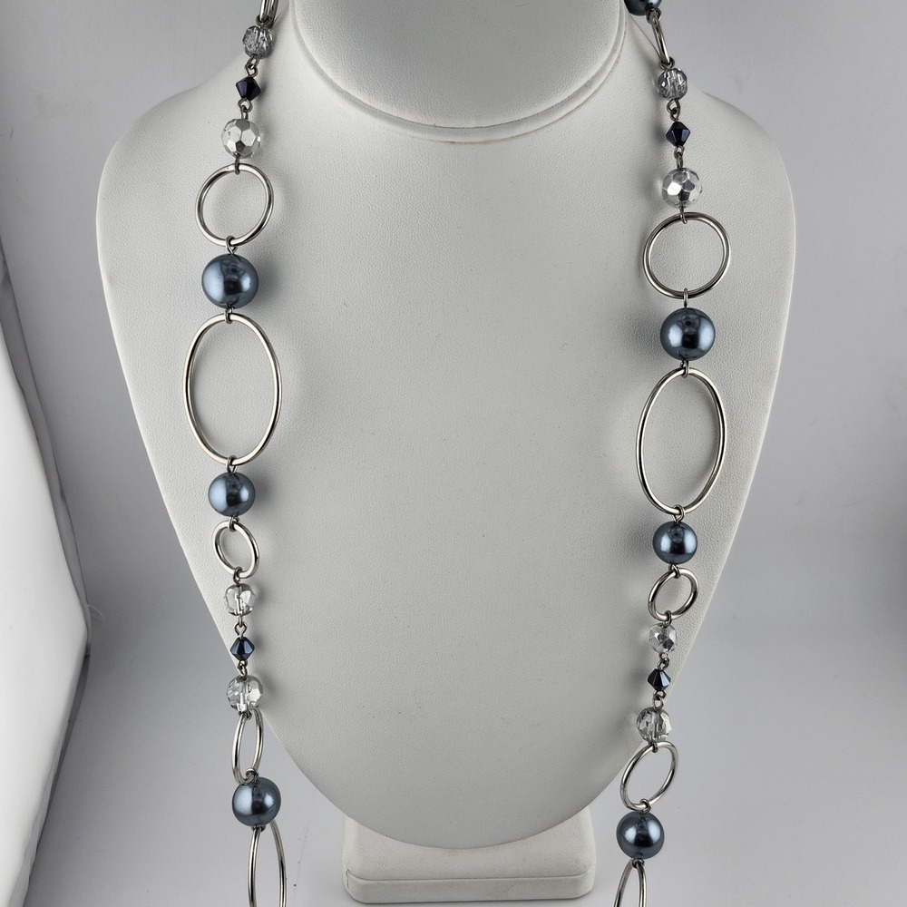 Lia Sophia Blue Pearl Clear Beads Silver Tone Chain 48" Necklace
